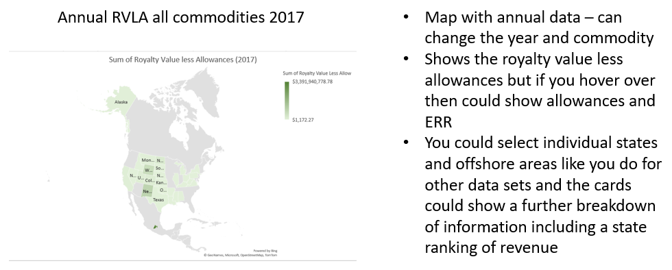 A prototype with a map of annual Royalty Value Less Allowances (RVLA) all commodities 2017; This shows a map of the United States with several western states in a pale green color; The green color indicates that it has a value of RVLA; There are also notes to the right of the map: the map has annual data that can change the year a commodity; show the royalty value less allowances but if you hover over then it could show allowances and ERR; you could select individual states and offshore areas like you do for other data sets and the cards could show a further breakdown of information including a state ranking of revenue