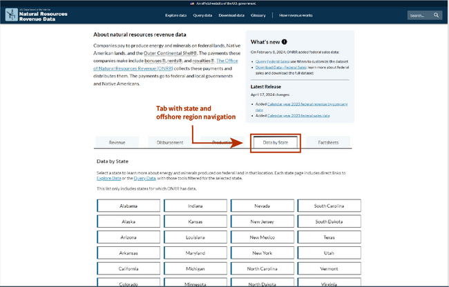 Screenshot of the Option B prototype, where the homepage tabs are the focus for the reader. In the tab section, there is a new tab after the Production tab, called “Data by State”. For the purposes of this demonstrative image, there is a red arrow pointing to a red box around the new tab with text that states, “Tab with state and offshore region navigation”.