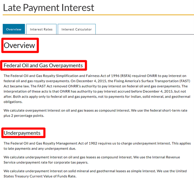Screen capture of the Late Payment Interest webpage. The headings on this page are highlighted in red.