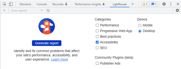 Screen capture of the developer tools window, showing the Lighthouse checker. Accessibility is checked in the categories section.