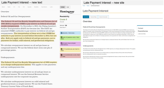 Screen captures of the revised Late Payment Interest content. On the left, the  Hemingway analysis shows a grade 9 reading level. On the right, the current live webpage.
