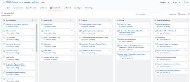 Image of our test organizing cards into categories using a GitHub project.