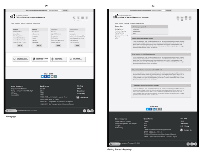 Lo- Fidelity Wireframes: Phase I conceptual lo-fidelity designs. From left to right: (a) Homepage with 4 containers grouping common sections; (b) Getting Started page with enclosed accordions using dynamic progressive disclosure for Reporter setup.
