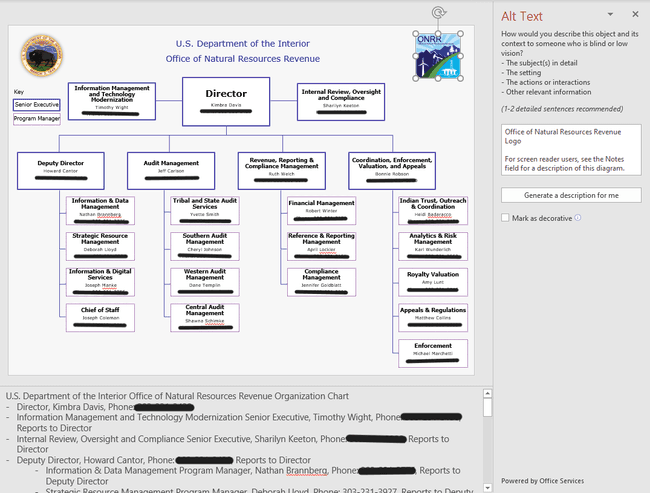 Screenshot of final PowerPoint file. ONRR logo is highlighted and shows alt text that says: "Office of Natural Resources Revenue Logo, For screen reader users, see the Notes field for a description of this diagram." Also shows the notes field at the bottom of the screen. See article copy for the full text of the notes field.