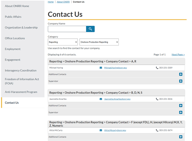 Screenshot of the redesigned Contact Us page. Shows a company name search box, category and subcategory filter drop-downs, and a paginated list of contacts in accordions. Each accordion shows the topic, primary contact name, primary contact email, and primary contact phone with closed sections for additional contacts and supervisor.