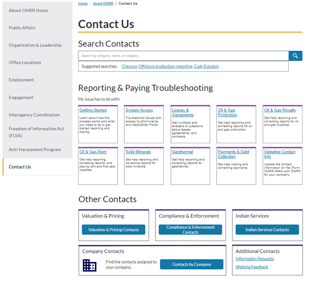 Prototype of Contact Us page with sections for Search Contacts, Reporting & Paying Troubleshooting, and Other Contacts. The Troubleshooting section has cards for Getting Started, System Access, Leases & Agreements, Oil & Gas Production, Oil & Gas Royalty, Oil & Gas Rent, Solid Minerals, Geothermal, Payments & Debt Collection, and Updating Contact Info. The Other Contacts section has cards for Valuation & Pricing, Compliance & Enforcement, Indian Services, Company Contacts, and Additional Contacts. The Additional Contacts card has links for Information Requests and Website Feedback.