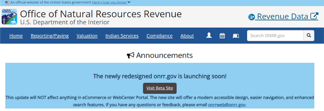 Screencapture of the website banner announcing the new onrr.gov website
