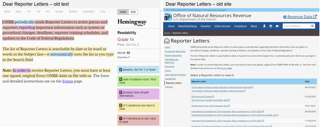 Screen captures of the old Dear Reporter Letters content. On the left, the  Hemingway analysis shows a grade 14 reading level. On the right, the old webpage.