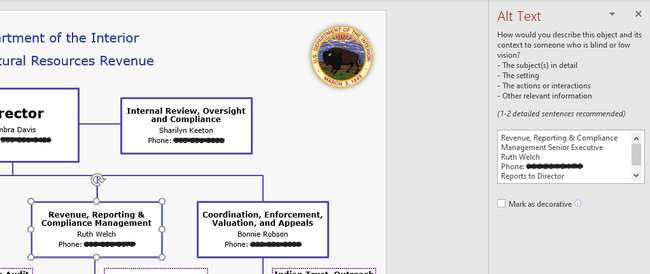 Screenshot of PowerPoint file highlighting a text box with this text: "Revenue, Reporting & Compliance Management, Ruth Welch" Also show alt text, which says: "Revenue, Reporting & Compliance Management Senior Executive, Ruth Welch, Reports to Director"