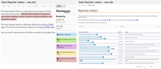 Screen captures of the new Dear Reporter Letters content. On the left, the  Hemingway analysis shows a grade 10 reading level. On the right, the current live webpage.