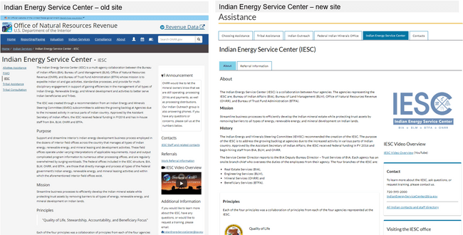 Screen captures showing before-and-after of the Indian Energy Service Center webpage. Left image shows the old webpage. Right images shows the current, live webpage.