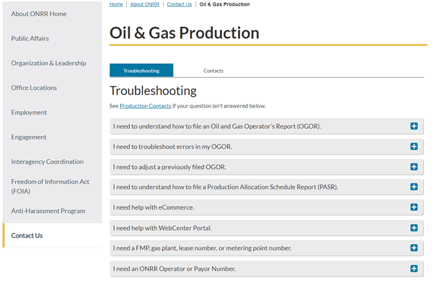 Oil and Gas Production contact page. Includes tabs for Troubleshooting and Contacts. The Troubleshooting tab is visible. Includes link to Production Contacts and accordions with common questions like “I need to understand how to file an Oil and Gas Operator’s Report (OGOR).” And “I need help with eCommerce.”