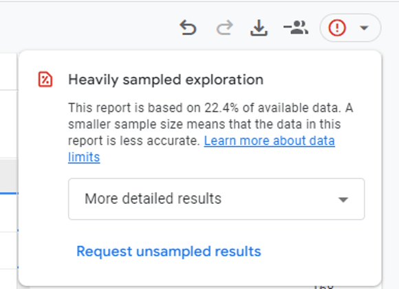 Screen capture showing a caution reporting icon with details that the exploration is heavily sampled. There is a drop-down option to get more detailed results. Below there is a link to request detailed results.