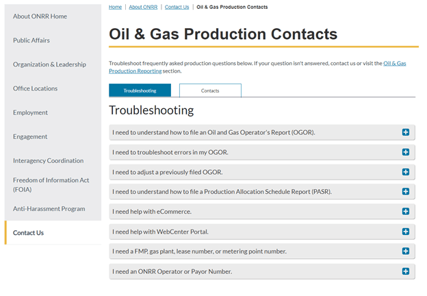 Iterated Oil and Gas Production contact page. The title now reads “Oil & Gas Production Contacts” instead of “Oil & Gas Production”. The contact link is removed up from within the Troubleshooting tab. There is a new intro paragraph explaining the troubleshooting guide and linking to the Oil & Gas Production Reporting section.