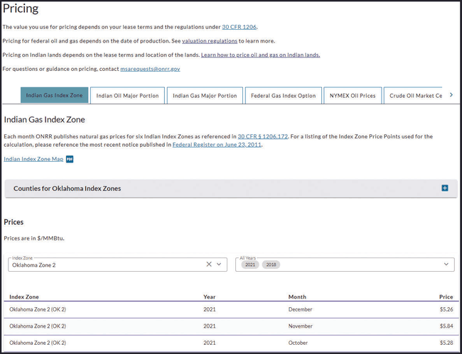 Pricing page includes 5 tabs, each with a variation on the pricing table. The filter selected for Index Zone equals Oklahoma Zone 2 and the filter for All Years equals 2019 and 2022.