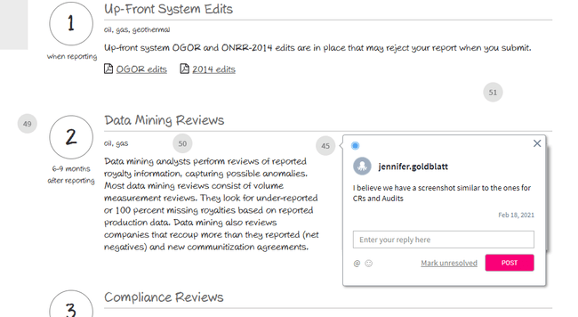 Wireframe of compliance process screen with a stakeholder comment.