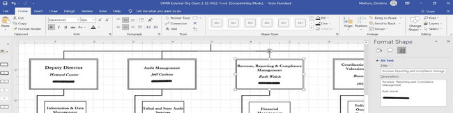 Screenshot of Visio file highlighting a text box with this text: "Revenue, Reporting & Compliance Management, Ruth Welch" Also shows alt text, which says: "Revenue, Reporting & Compliance Management, Ruth Welch"